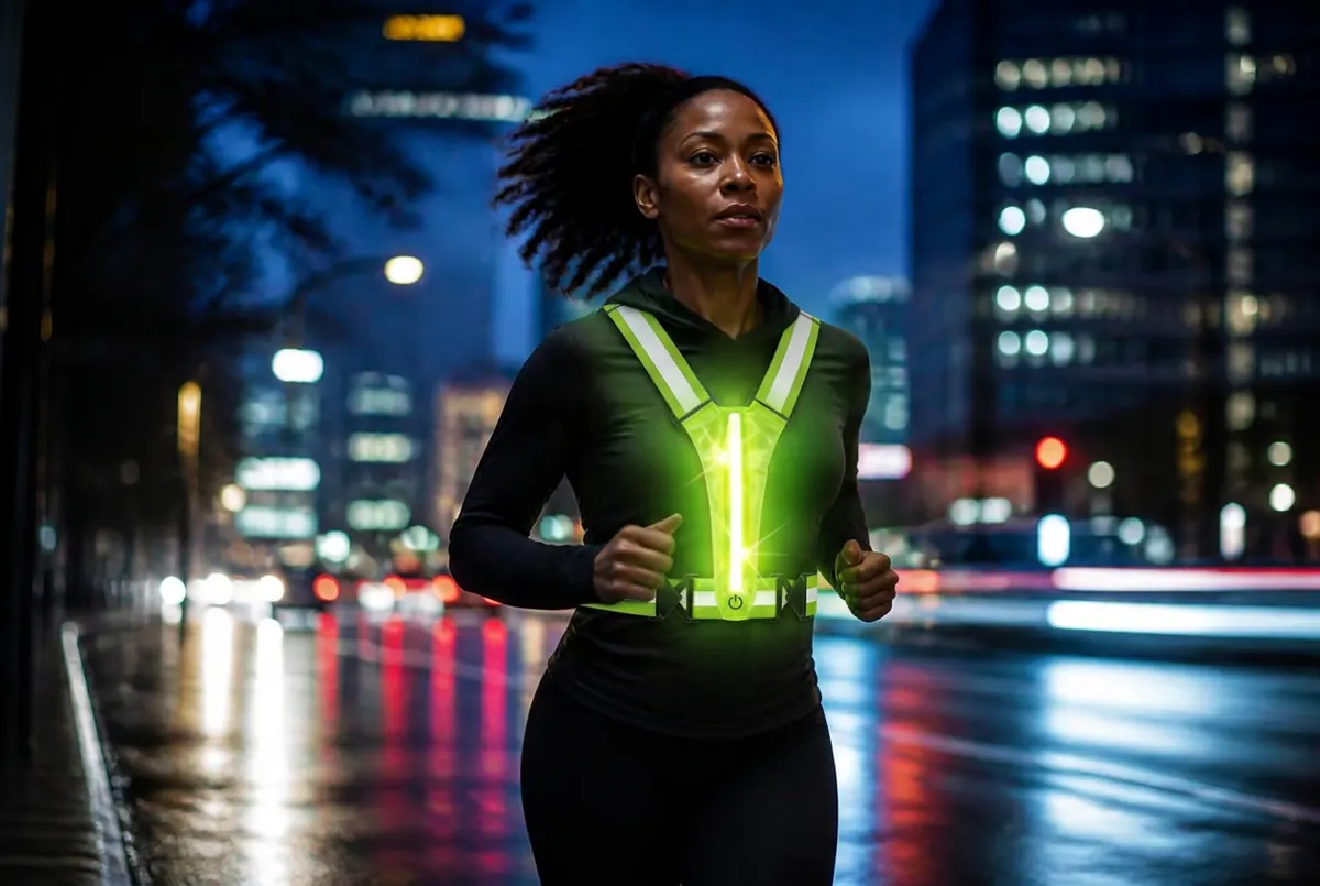 Woman running on a wet city street at night wearing a Neon Green LED reflective vest